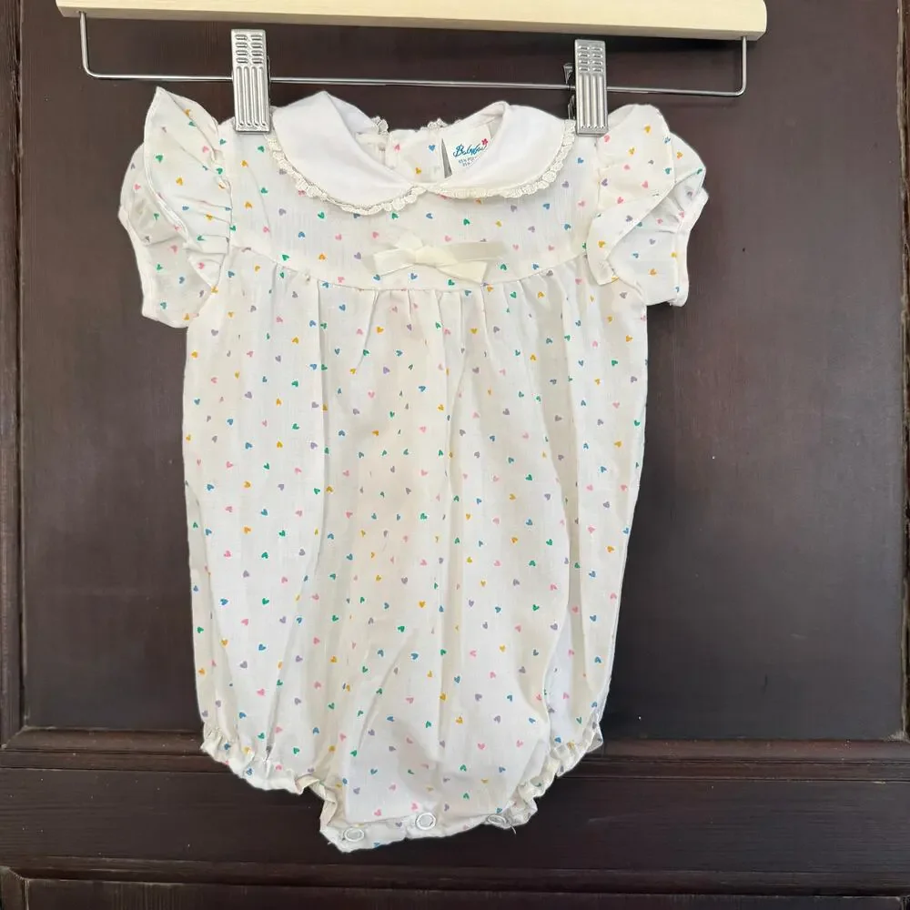 80s Vintage Babyfair White Heart Print Ruffle One Piece Playsuit 0-6 months